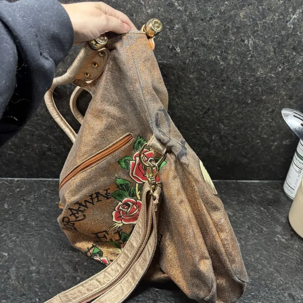Vintage Y2K Ed Hardy Loves Kills Slowly Skull Roses Large Boho Purse Bag Bronze - Picture 8 of 9